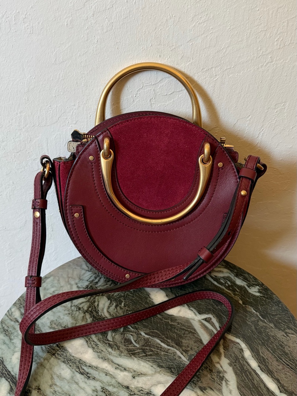 Wine Red Leather Circle Crossbody Bag with Gold Handles